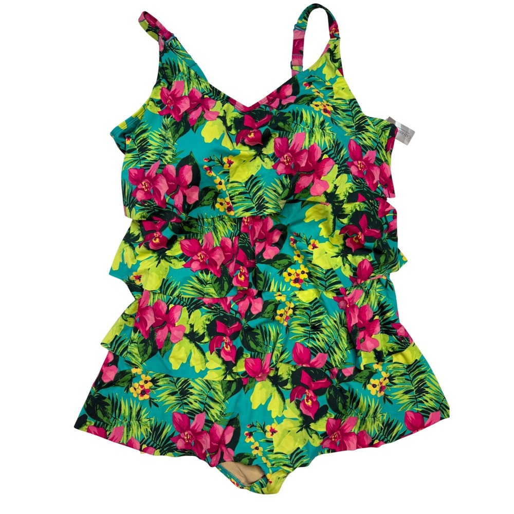 Catherines Tropical Floral Tiered Ruffle Swimdress Teal Pink 30W New With Tags